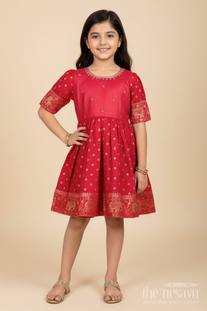 The Nesavu Silk Frock Baby Girl Silk Frock with Zari Elephant Border for Traditional Events Nesavu 16 (1Y) / Red GFC1936A-16 Nesavu baby girl silk frock zari elephant border jacquard weave festive occasions