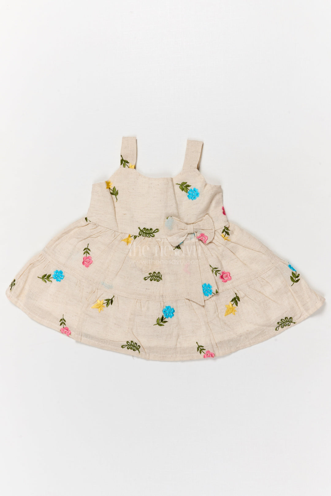 The Nesavu Baby Cotton Frocks Baby Girl Sleeveless Embroidered Cotton Frock for Everyday Comfort Nesavu 14 (6M) / Blue BFJ904B-14 Nesavu sleeveless cotton frock for baby girl with multicolor embroidery and bow detail