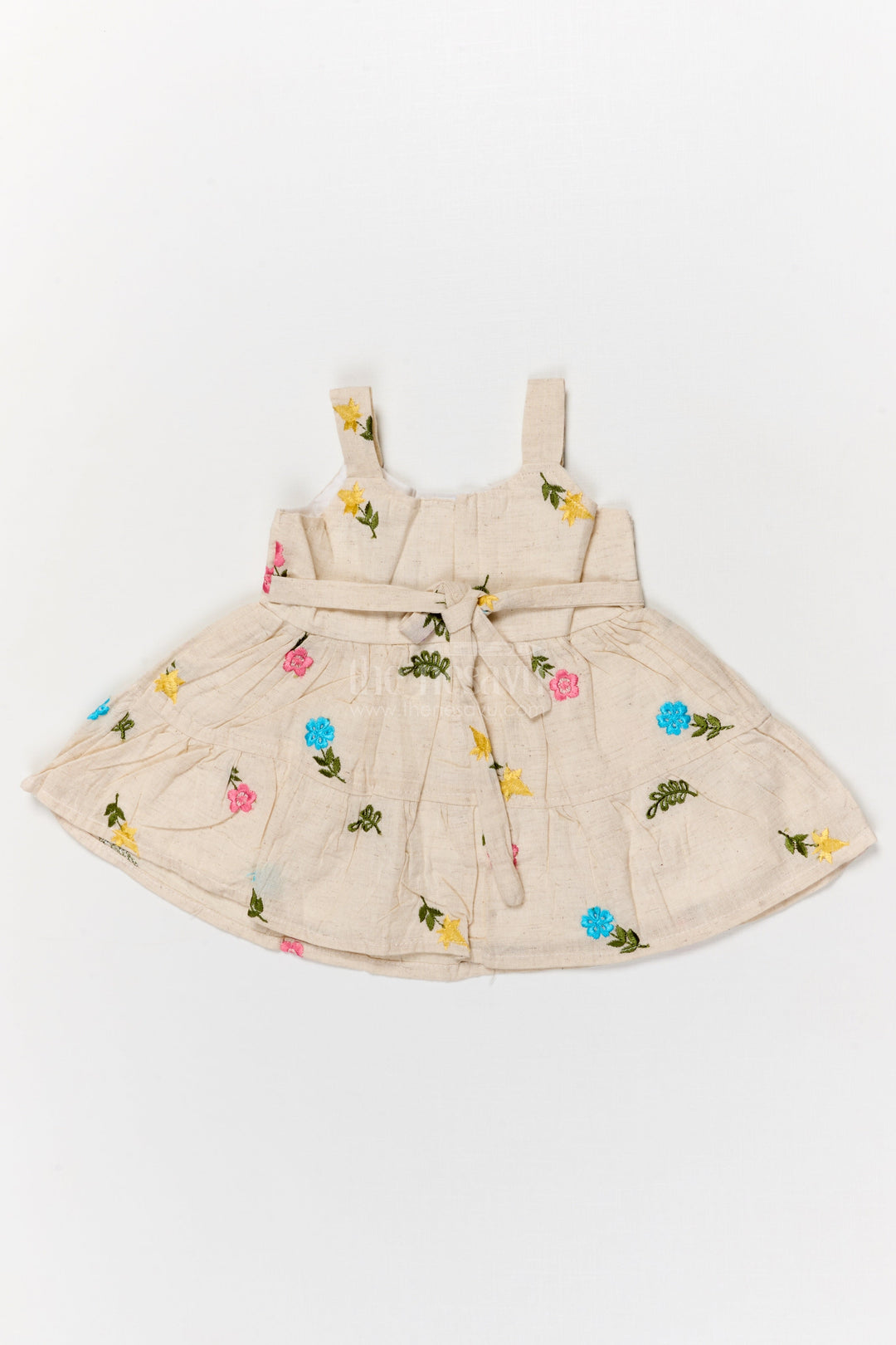 The Nesavu Baby Cotton Frocks Baby Girl Sleeveless Embroidered Cotton Frock for Everyday Comfort Nesavu Nesavu sleeveless cotton frock for baby girl with multicolor embroidery and bow detail