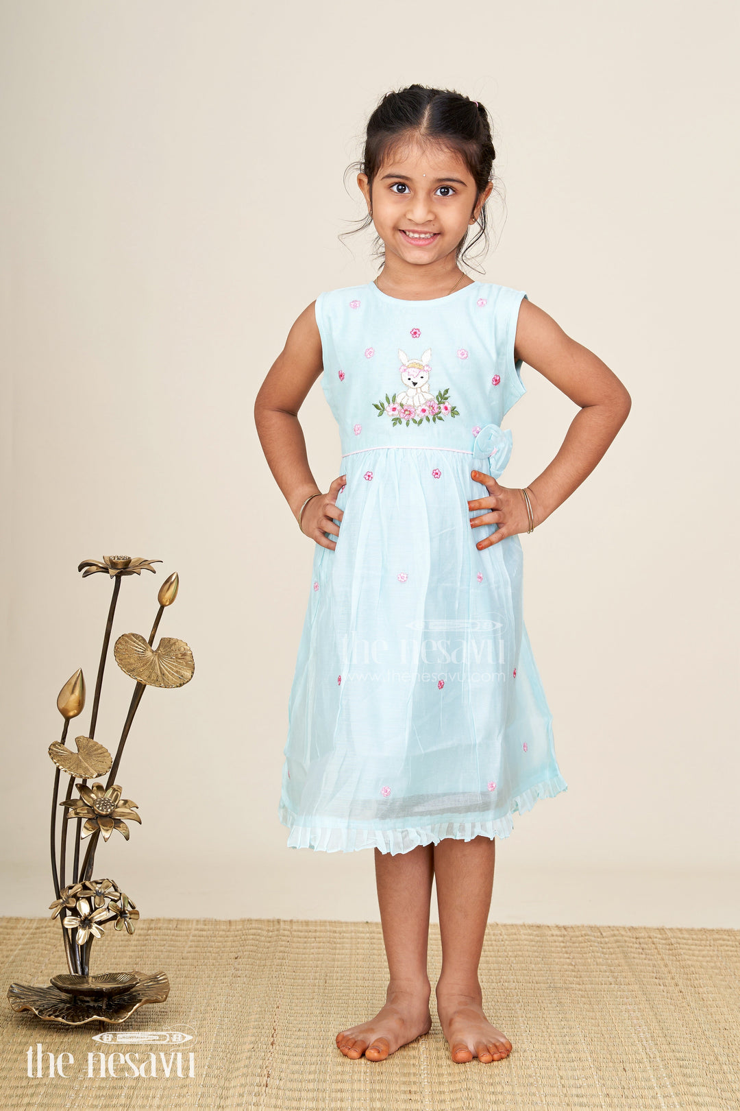 The Nesavu Girls Chanderi Frock Baby girl sleeveless frock for birthday and photo day dressing Nesavu Nesavu baby girl sleeveless chanderi frock bow deer embroidery birthdays events
