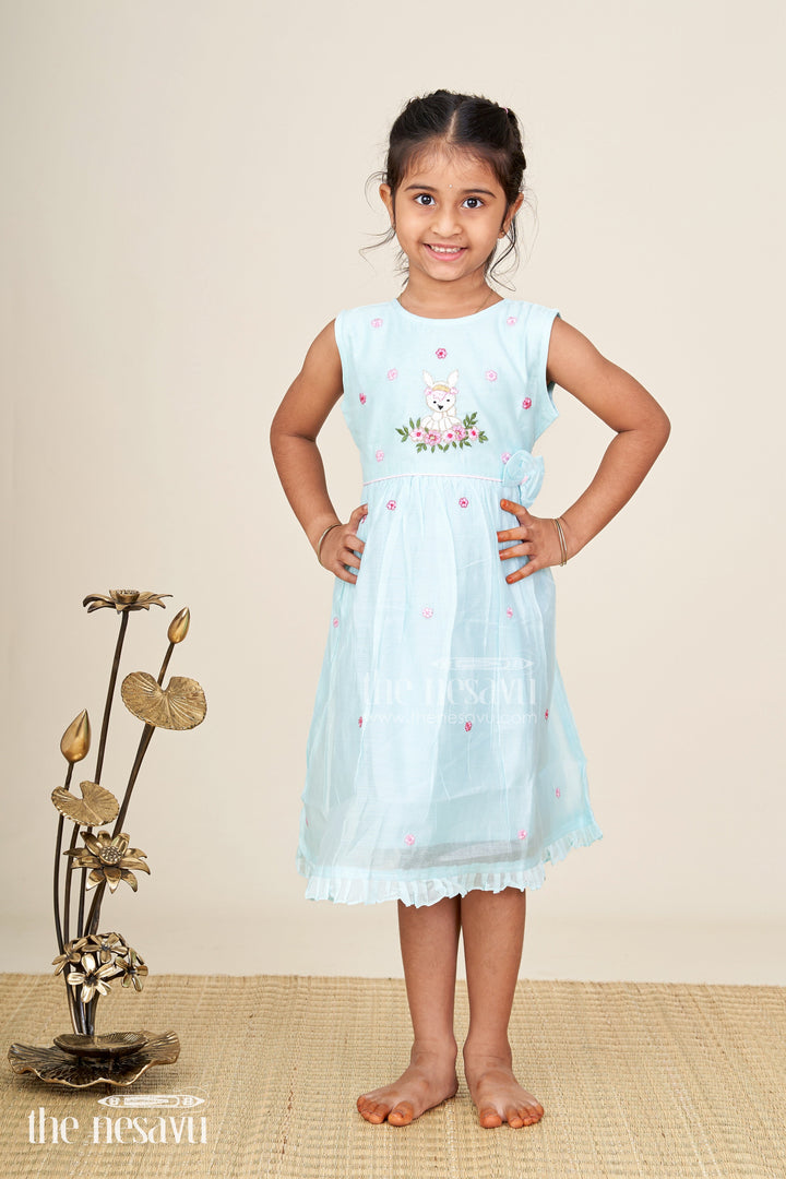 The Nesavu Girls Chanderi Frock Baby girl sleeveless frock for birthday and photo day dressing Nesavu Nesavu baby girl sleeveless chanderi frock bow deer embroidery birthdays events
