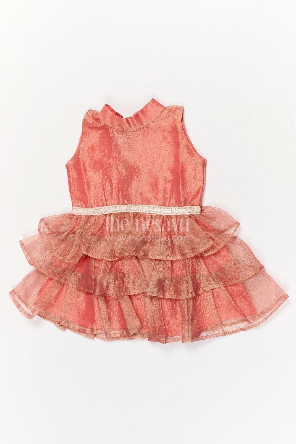 The Nesavu Girls Fancy Frock Baby Girl Sleeveless Frock for Birthday Parties and Family Functions Nesavu 18 (2Y) / Peach / Organza Tissue GFC2026F-18 Nesavu baby girl sleeveless ruffle frock with lace waist for parties and festive occasions