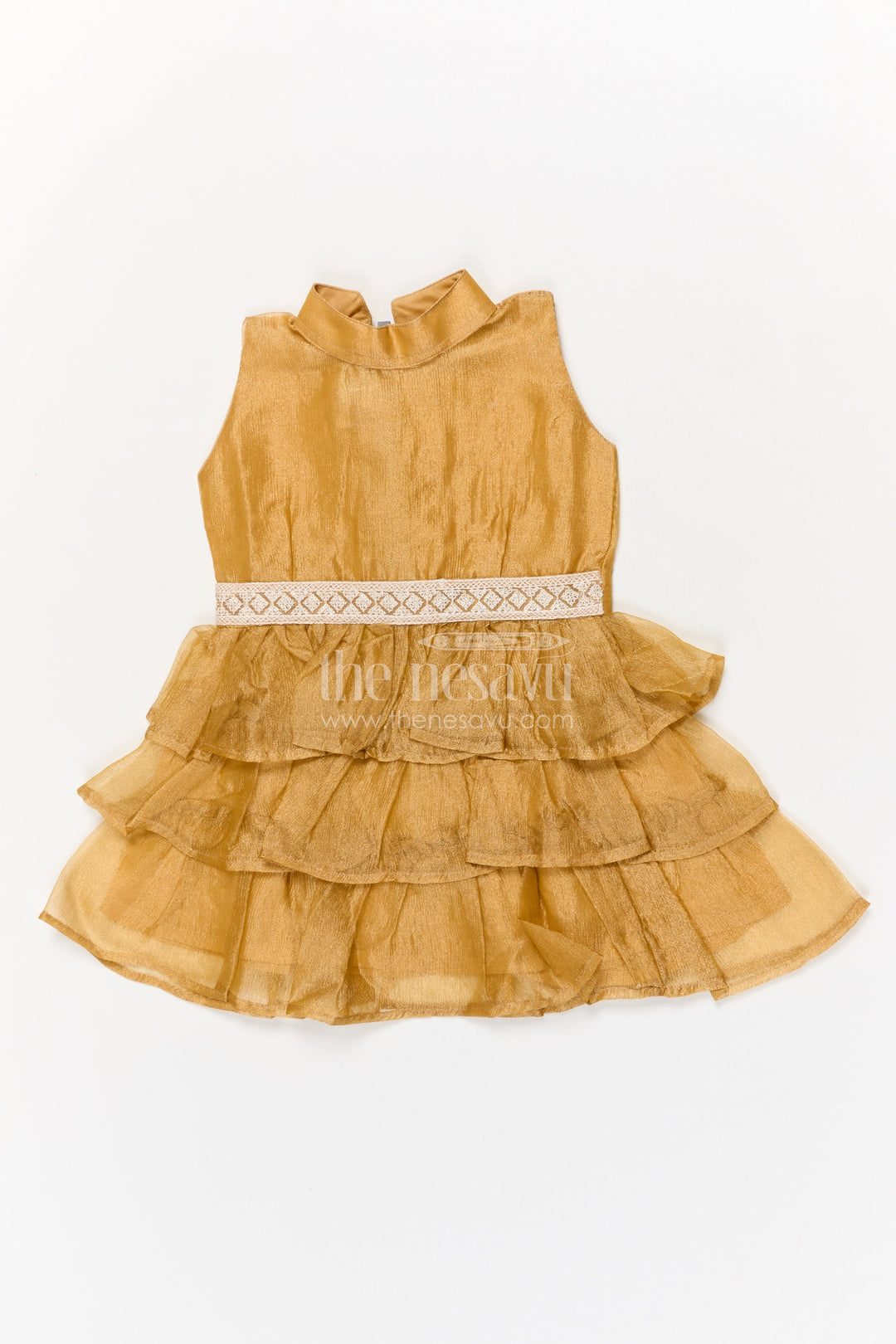 The Nesavu Girls Fancy Frock Baby Girl Sleeveless Frock for Festive Events and Special Photoshoots Nesavu 18 (2Y) / Gold / Organza Tissue GFC2026D-18 Nesavu baby girl sleeveless party frock with ruffle tiers for birthdays and festive photos