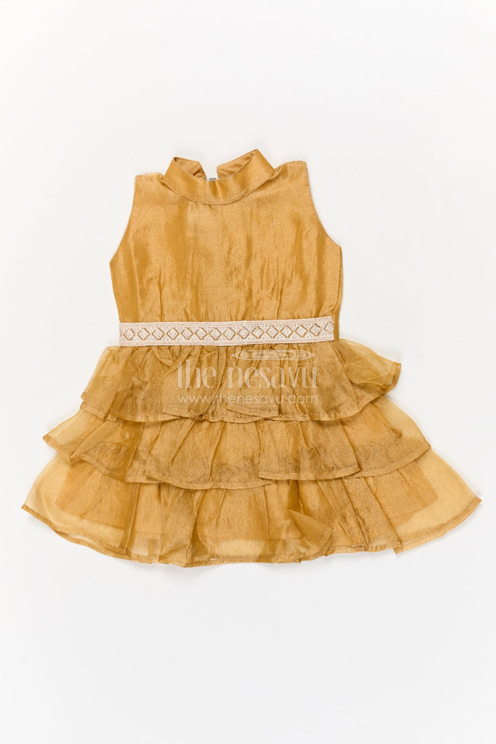 The Nesavu Girls Fancy Frock Baby Girl Sleeveless Frock for Festive Events and Special Photoshoots Nesavu 18 (2Y) / Gold / Organza Tissue GFC2026D-18 Nesavu baby girl sleeveless party frock with ruffle tiers for birthdays and festive photos