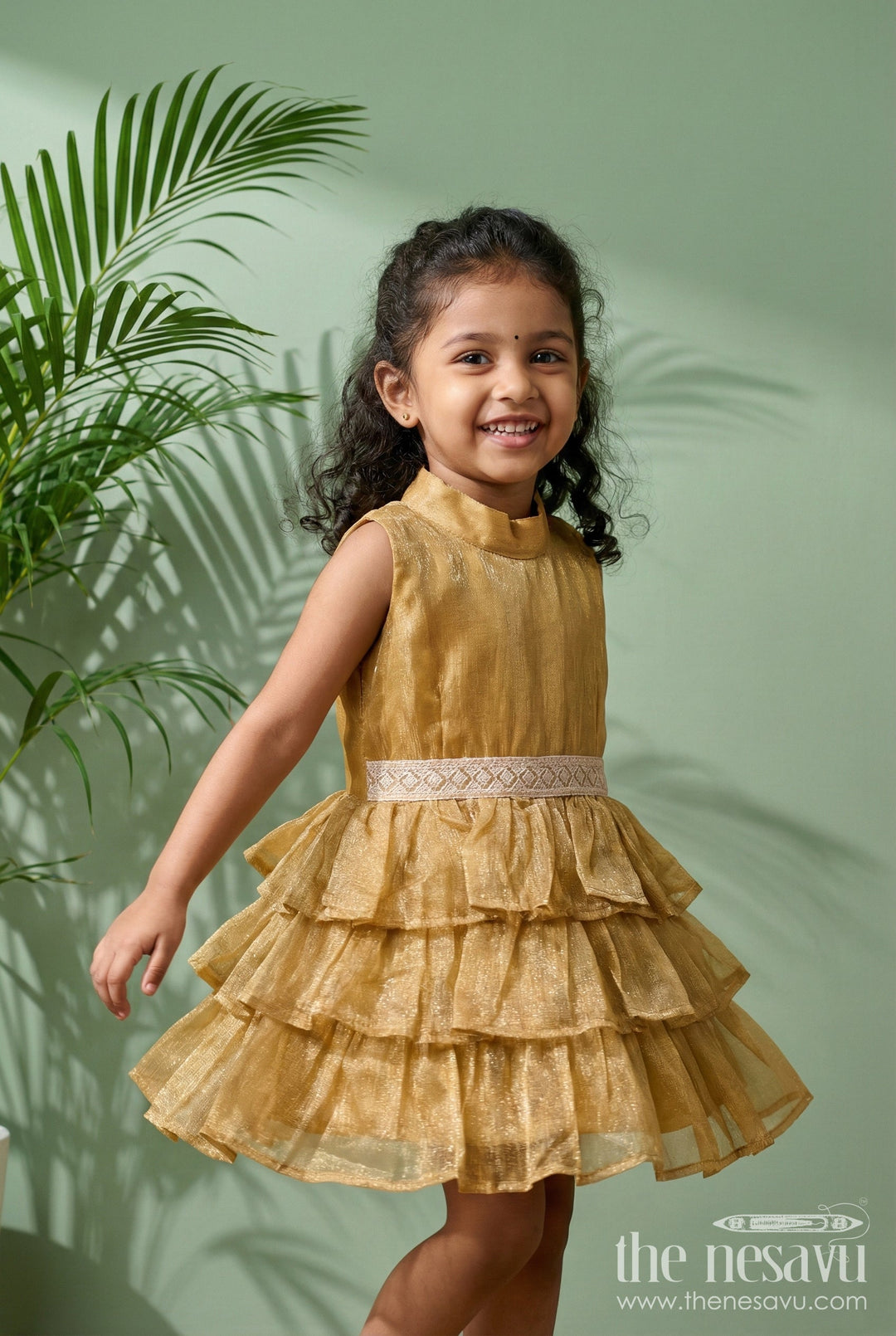 The Nesavu Girls Fancy Frock Baby Girl Sleeveless Frock for Festive Events and Special Photoshoots Nesavu 18 (2Y) / Gold / Organza Tissue GFC2026D-18 Nesavu baby girl sleeveless party frock with ruffle tiers for birthdays and festive photos