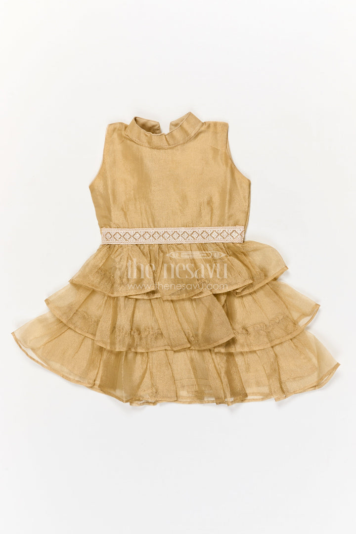 The Nesavu Girls Fancy Frock Baby Girl Sleeveless Frock for Traditional Celebrations and Milestone Photoshoots Nesavu 18 (2Y) / Yellow / Organza Tissue GFC2026G-18 Nesavu baby girl sleeveless frock with layered ruffles and lace belt for festive occasions