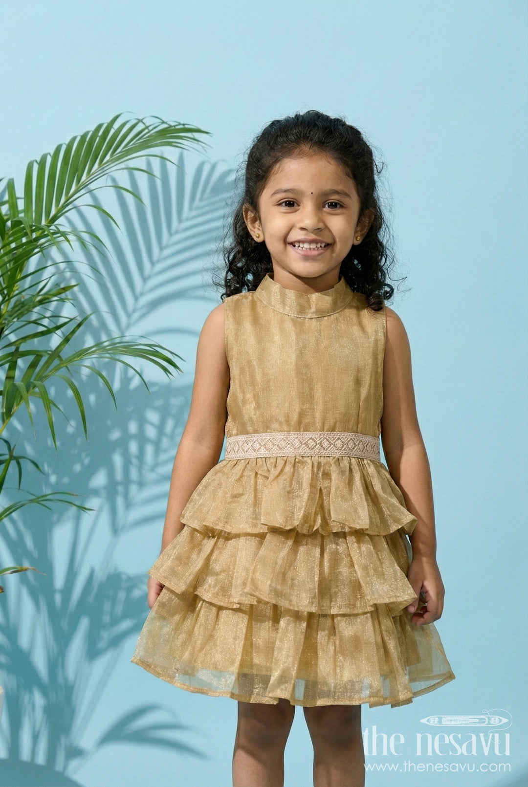 The Nesavu Girls Fancy Frock Baby Girl Sleeveless Frock for Traditional Celebrations and Milestone Photoshoots Nesavu 18 (2Y) / Yellow / Organza Tissue GFC2026G-18 Nesavu baby girl sleeveless frock with layered ruffles and lace belt for festive occasions
