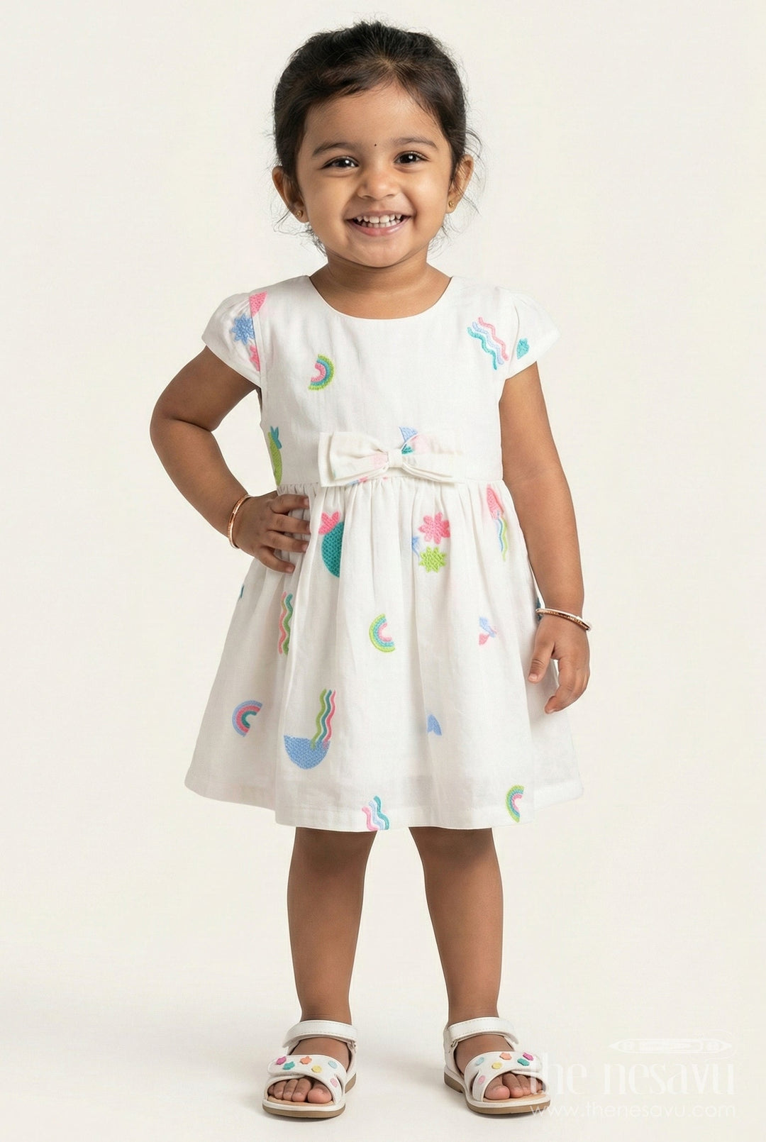 The Nesavu Baby Cotton Frocks Baby Girl Sleeveless Frock with Rainbow Embroidery for Casual Photoshoots Nesavu 14 (6M) / White BFJ856A-14 Nesavu baby girl cotton frock with rainbow embroidery for photoshoots and summer days
