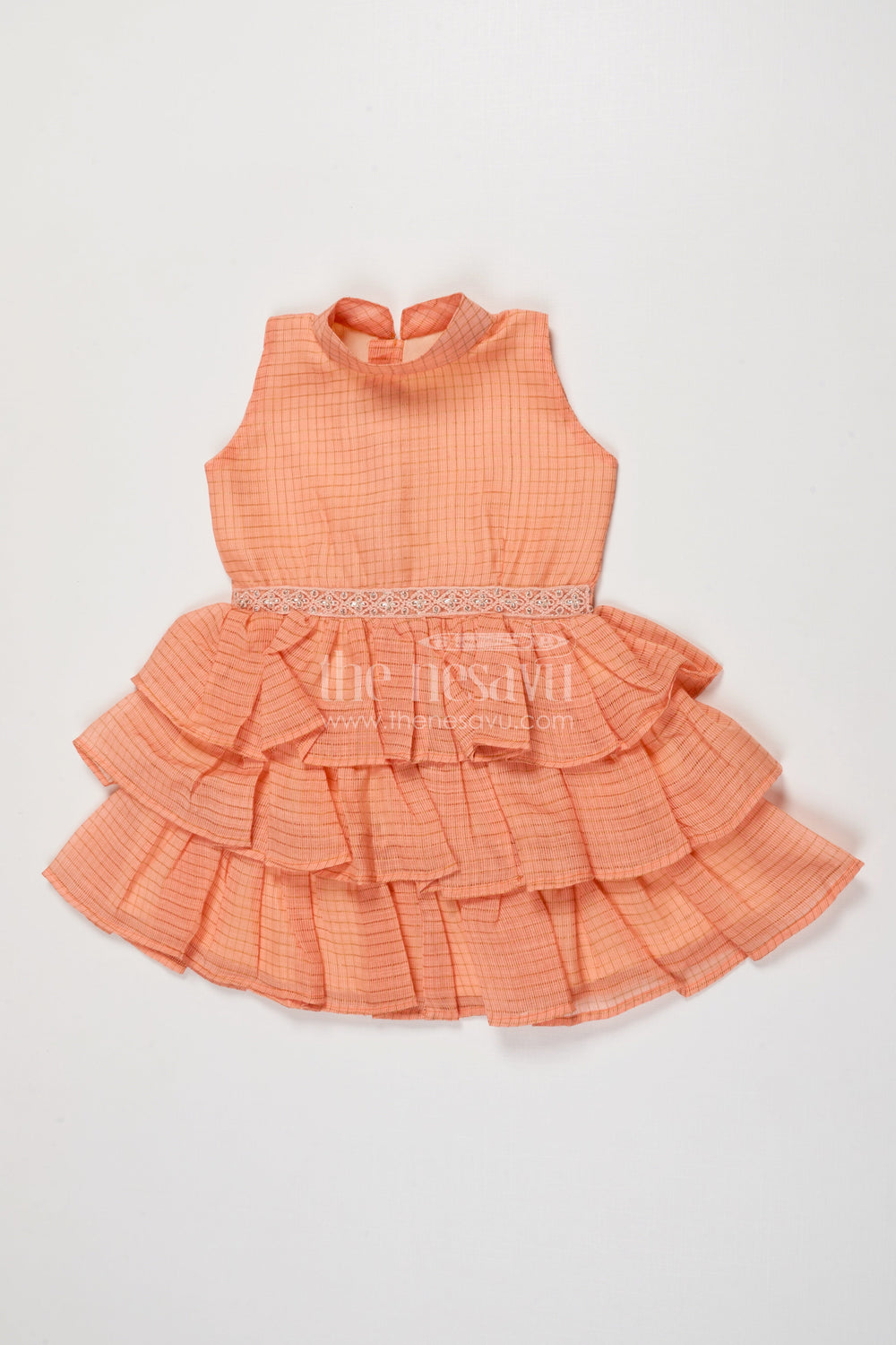 The Nesavu Girls Cotton Frock Baby Girl Sleeveless Frock with Ruffle Layers for Birthday Parties and Celebrations Nesavu 18 (2Y) / Orange GFC2019B-18 Nesavu baby girl cotton frock with tiered ruffles and lace waist for festive occasions