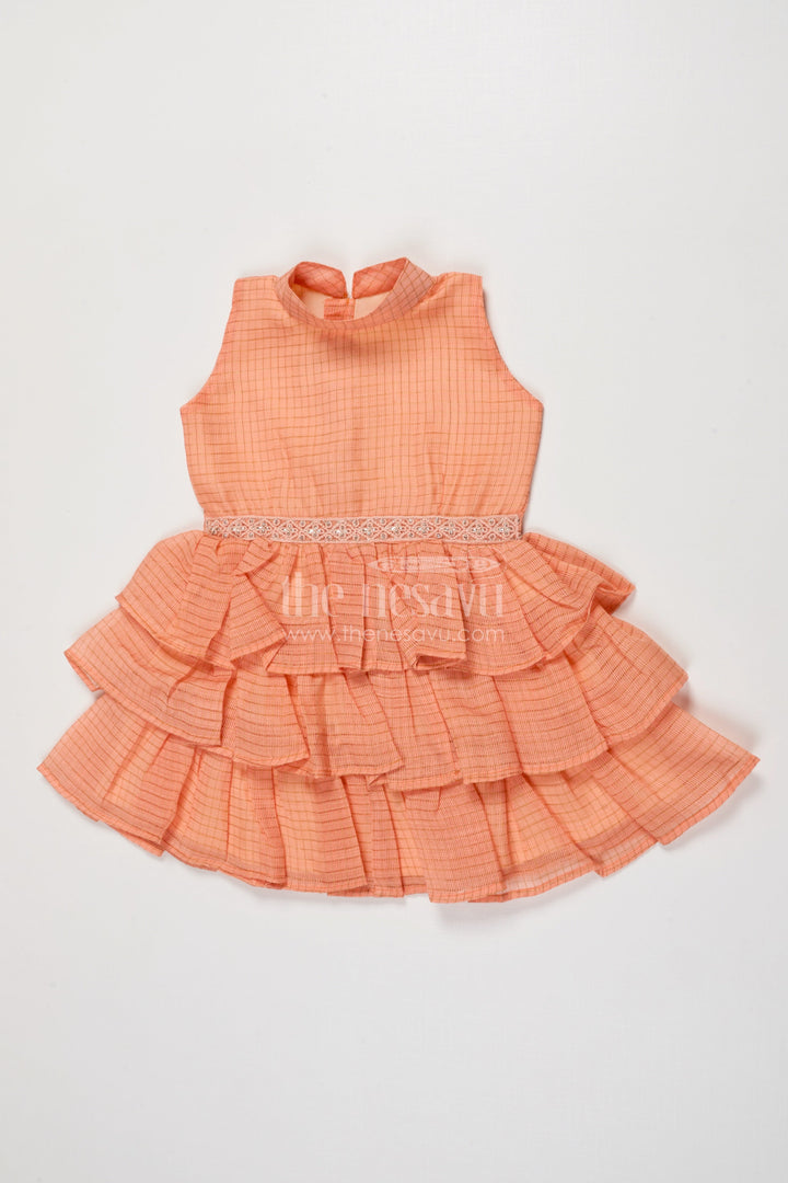 The Nesavu Girls Cotton Frock Baby Girl Sleeveless Frock with Ruffle Layers for Birthday Parties and Celebrations Nesavu 18 (2Y) / Orange GFC2019B-18 Nesavu baby girl cotton frock with tiered ruffles and lace waist for festive occasions