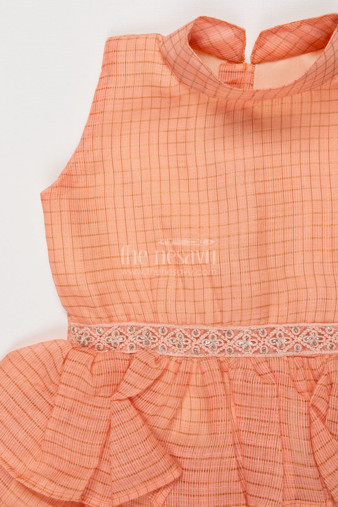 The Nesavu Girls Cotton Frock Baby Girl Sleeveless Frock with Ruffle Layers for Birthday Parties and Celebrations Nesavu Nesavu baby girl cotton frock with tiered ruffles and lace waist for festive occasions