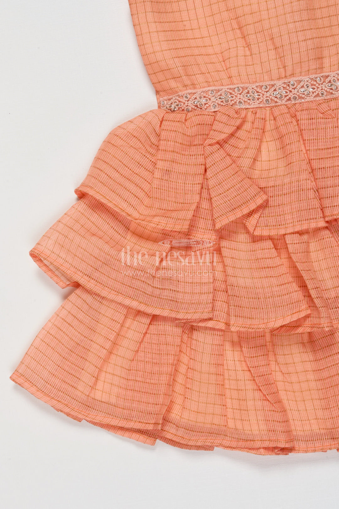 The Nesavu Girls Cotton Frock Baby Girl Sleeveless Frock with Ruffle Layers for Birthday Parties and Celebrations Nesavu Nesavu baby girl cotton frock with tiered ruffles and lace waist for festive occasions