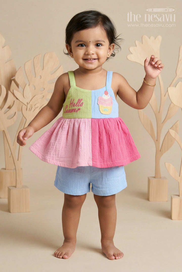 The Nesavu Baby Casual Sets Baby Girl Summer Outfit Set for Casual Outings and Playtime Nesavu 14 (6M) / Multicolor / Muslin Cotton BFJ987A-14 Nesavu Baby Girl Muslin Cotton Summer Outfit Set With Colorful Top And Shorts For Daily Wear And Playtime