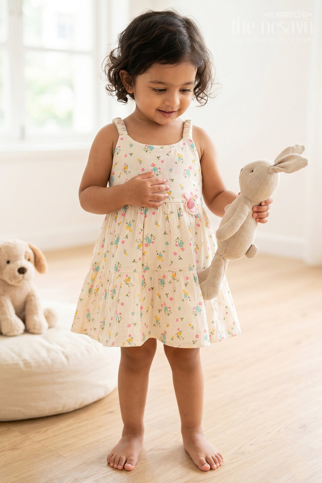 The Nesavu Baby Cotton Frocks Baby Girl Sundress for Garden Party Moments Nesavu 14 (6M) / Cream / Muslin Cotton BFJ1015A-14 Nesavu Baby Girl Sundress For Garden Party Moments With Muslin Cotton And Floral Print BFJ1015A-14