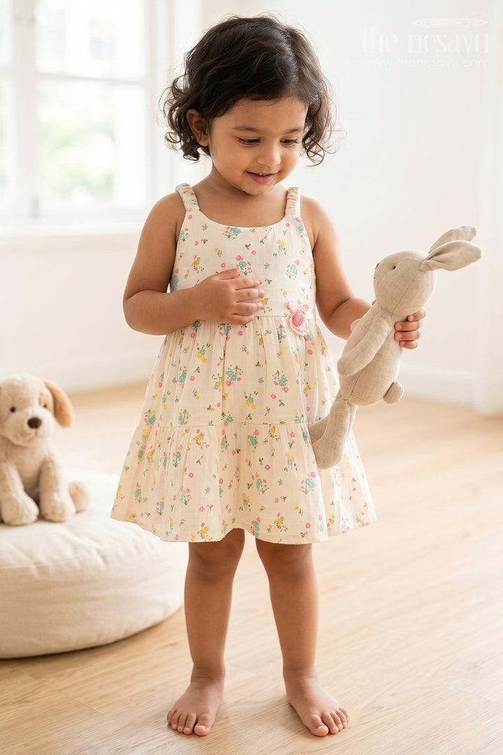 The Nesavu Baby Cotton Frocks Baby Girl Sundress for Garden Party Moments Nesavu 14 (6M) / Cream / Muslin Cotton BFJ1015A-14 Nesavu Baby Girl Sundress For Garden Party Moments With Muslin Cotton And Floral Print BFJ1015A-14