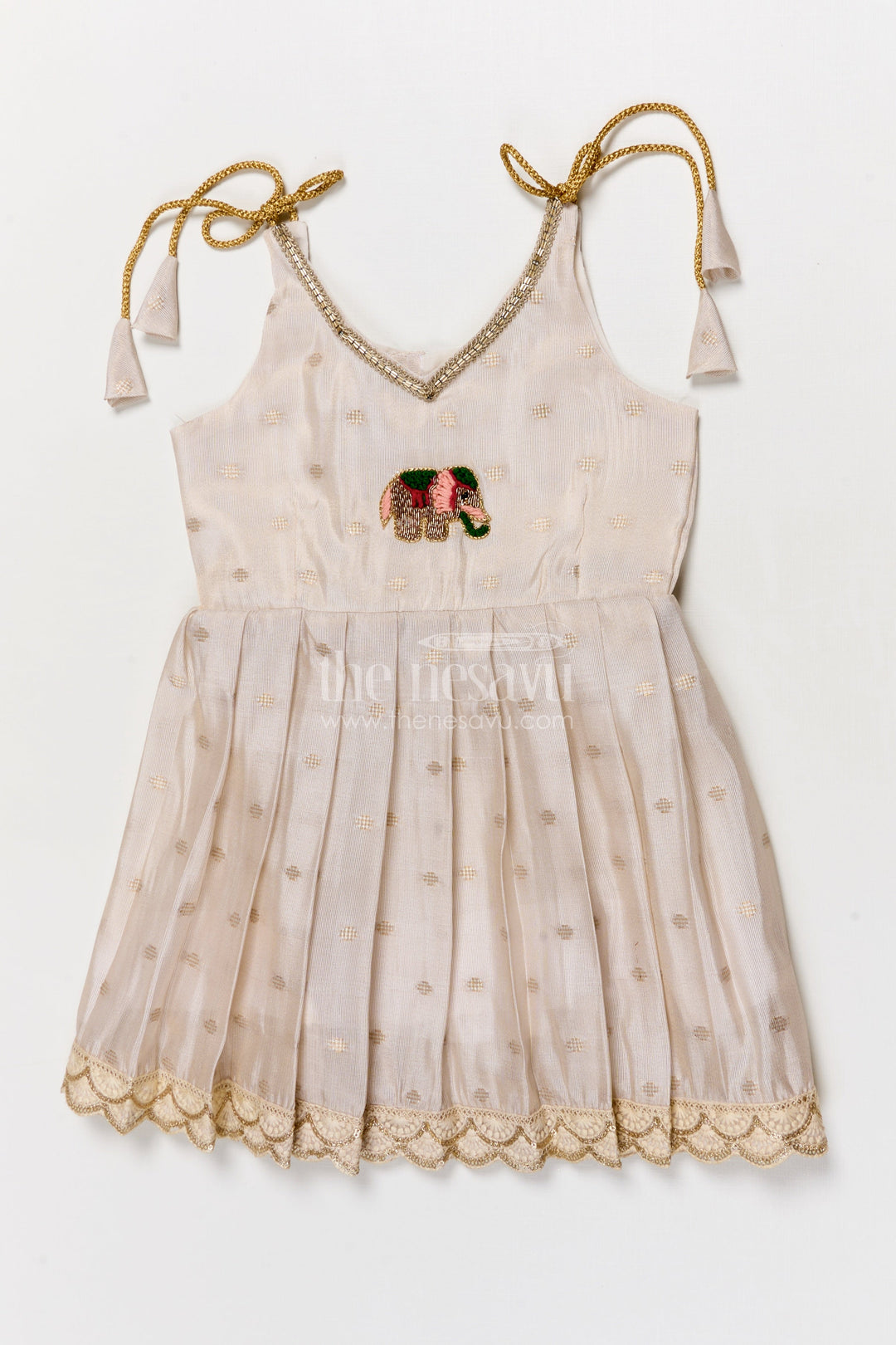 The Nesavu Tie-up Frock Baby Girl Tie-up Frock for Ethnic Functions and Naming Ceremonies Nesavu 16 (1Y) / Cream / Silk Blend T422A-16 Nesavu baby girl ethnic frock with elephant embroidery and Banaras art silk for festive rituals