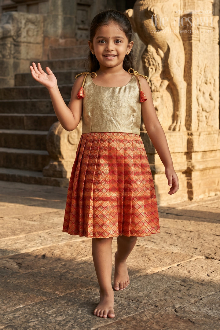 The Nesavu Tie-up Frock Baby Girl Tie up Frock for Festive Birthdays and Celebrations Nesavu 16 (1Y) / Gold / Semi Banarasi T430A-16 Nesavu Baby Girl Tie Up Frock With Woven Festive Skirt For Birthdays And Traditional Celebrations
