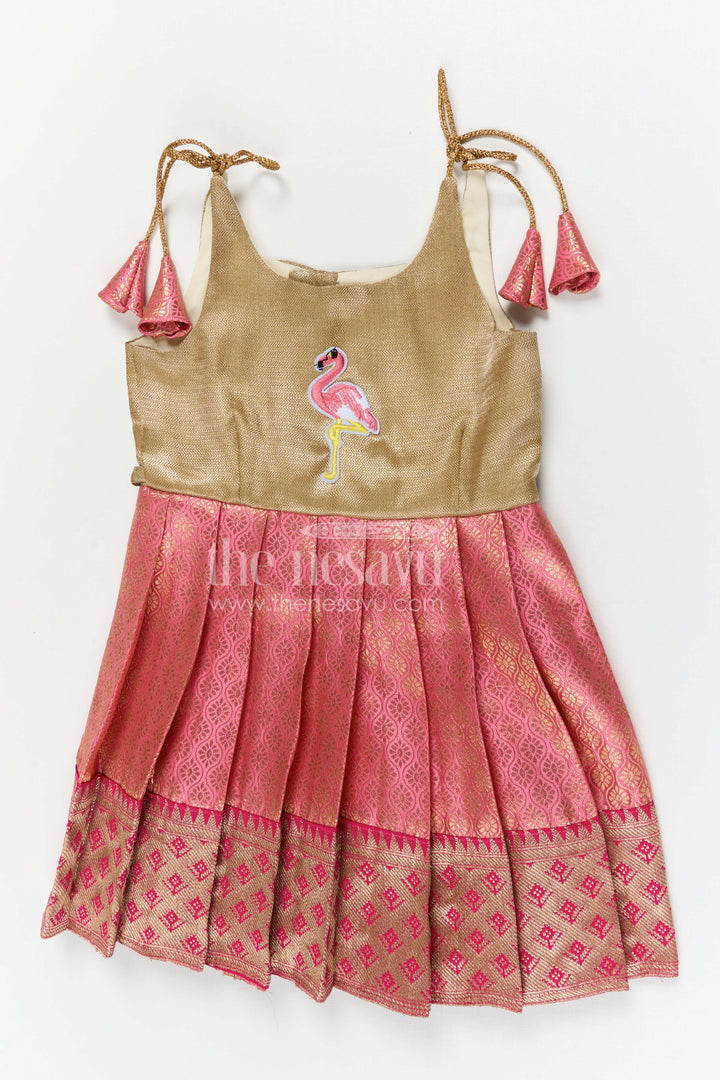 The Nesavu Tie-up Frock Baby Girl Tie up Frock for Festive Occasions and Party Wear Nesavu 16 (1Y) / Pink / Banarasi T429A-16 Nesavu baby girl tie up frock for festive occasions with semi banaras fabric and tissue yoke flared design