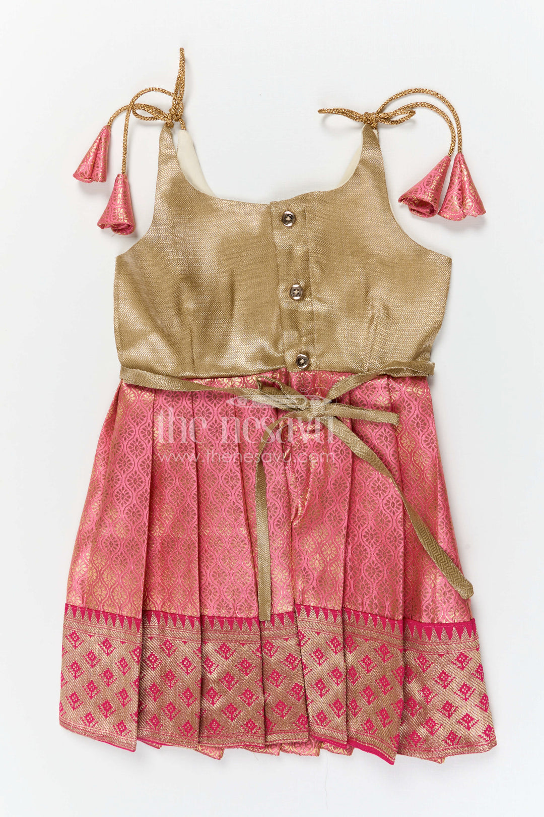 The Nesavu Tie-up Frock Baby Girl Tie up Frock for Festive Occasions and Party Wear Nesavu Nesavu baby girl tie up frock for festive occasions with semi banaras fabric and tissue yoke flared design