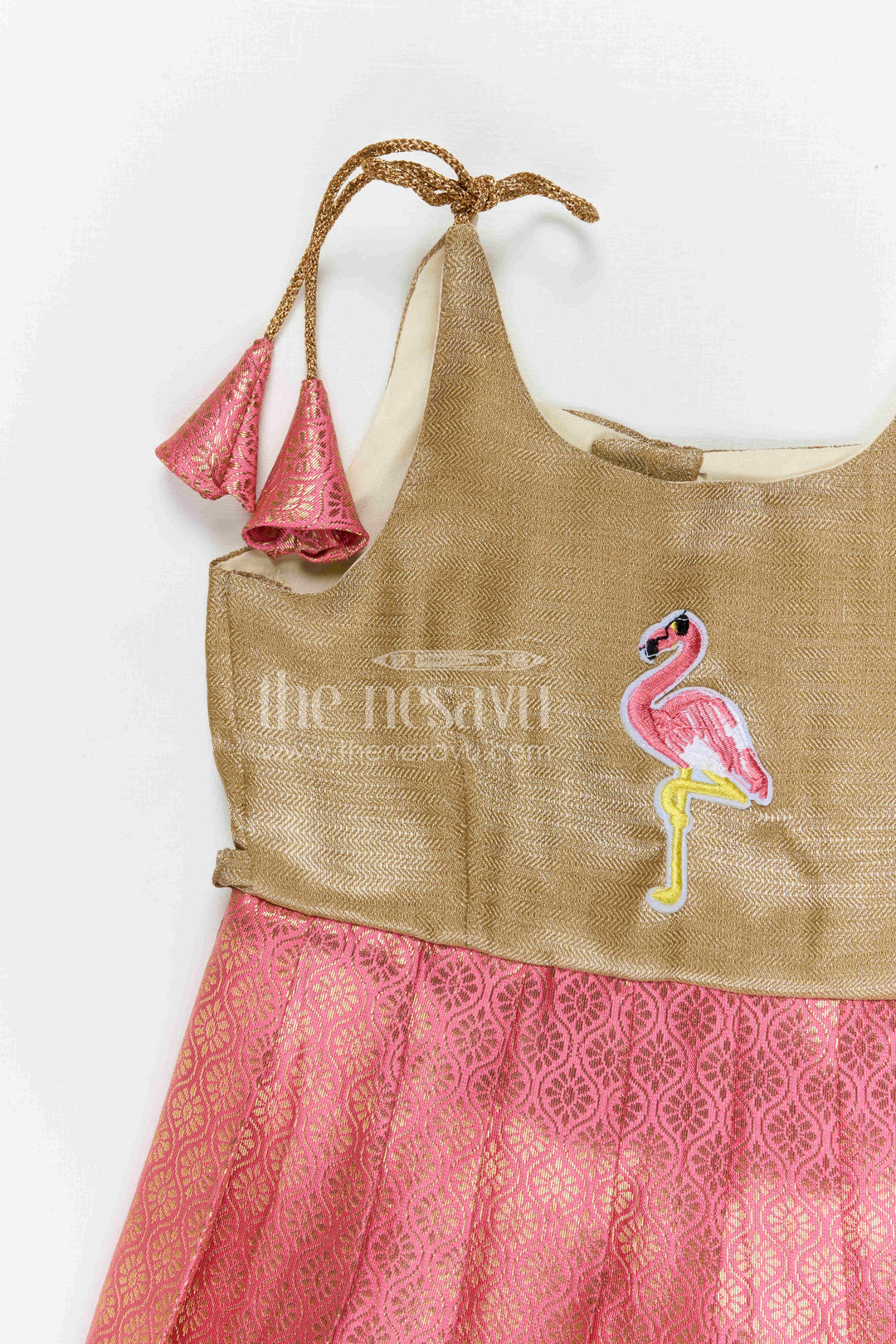 The Nesavu Tie-up Frock Baby Girl Tie up Frock for Festive Occasions and Party Wear Nesavu Nesavu baby girl tie up frock for festive occasions with semi banaras fabric and tissue yoke flared design