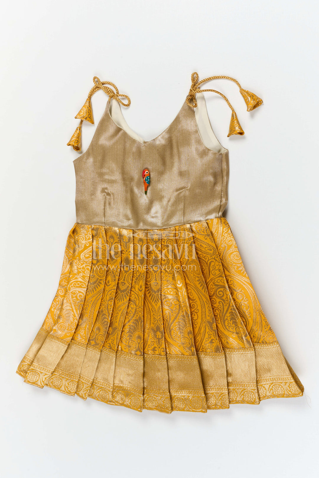 The Nesavu Tie-up Frock Baby Girl Tie up Frock for Festive Wear and Traditional Occasions Nesavu 16 (1Y) / Gold / Banarasi T428A-16 Nesavu baby girl tie up frock for festive wear with semi banaras fabric and tissue yoke flared design