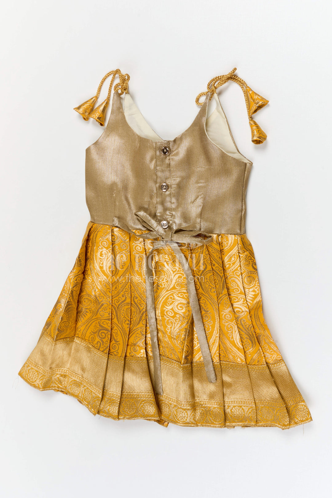 The Nesavu Tie-up Frock Baby Girl Tie up Frock for Festive Wear and Traditional Occasions Nesavu Nesavu baby girl tie up frock for festive wear with semi banaras fabric and tissue yoke flared design