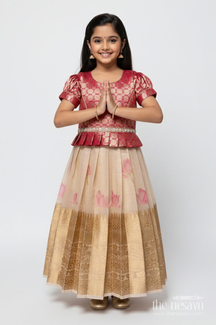 The Nesavu Pattu Pavadai Baby Girl Tissue Silk Pattu Pavadai with Semi Banaras Yoke for Weddings Nesavu 18 (2Y) / Red GPP347A-18 Nesavu baby girl red tissue silk pattu pavadai with zari skirt for weddings and festive celebrations