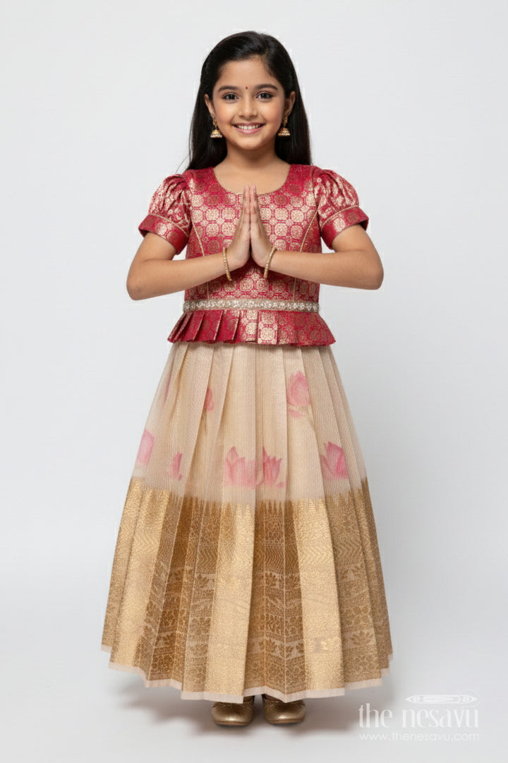 The Nesavu Pattu Pavadai Baby Girl Tissue Silk Pattu Pavadai with Semi Banaras Yoke for Weddings Nesavu 18 (2Y) / Red GPP347A-18 Nesavu baby girl red tissue silk pattu pavadai with zari skirt for weddings and festive celebrations