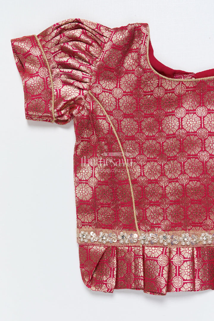 The Nesavu Pattu Pavadai Baby Girl Tissue Silk Pattu Pavadai with Semi Banaras Yoke for Weddings Nesavu Nesavu baby girl red tissue silk pattu pavadai with zari skirt for weddings and festive celebrations