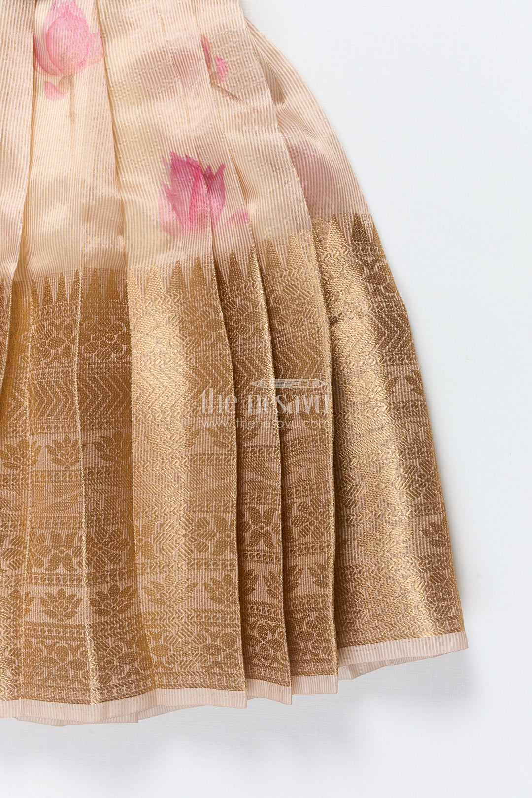 The Nesavu Pattu Pavadai Baby Girl Tissue Silk Pattu Pavadai with Semi Banaras Yoke for Weddings Nesavu Nesavu baby girl red tissue silk pattu pavadai with zari skirt for weddings and festive celebrations