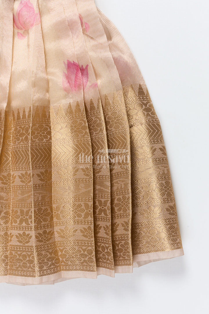 The Nesavu Pattu Pavadai Baby Girl Tissue Silk Pattu Pavadai with Semi Banaras Yoke for Weddings Nesavu Nesavu baby girl red tissue silk pattu pavadai with zari skirt for weddings and festive celebrations