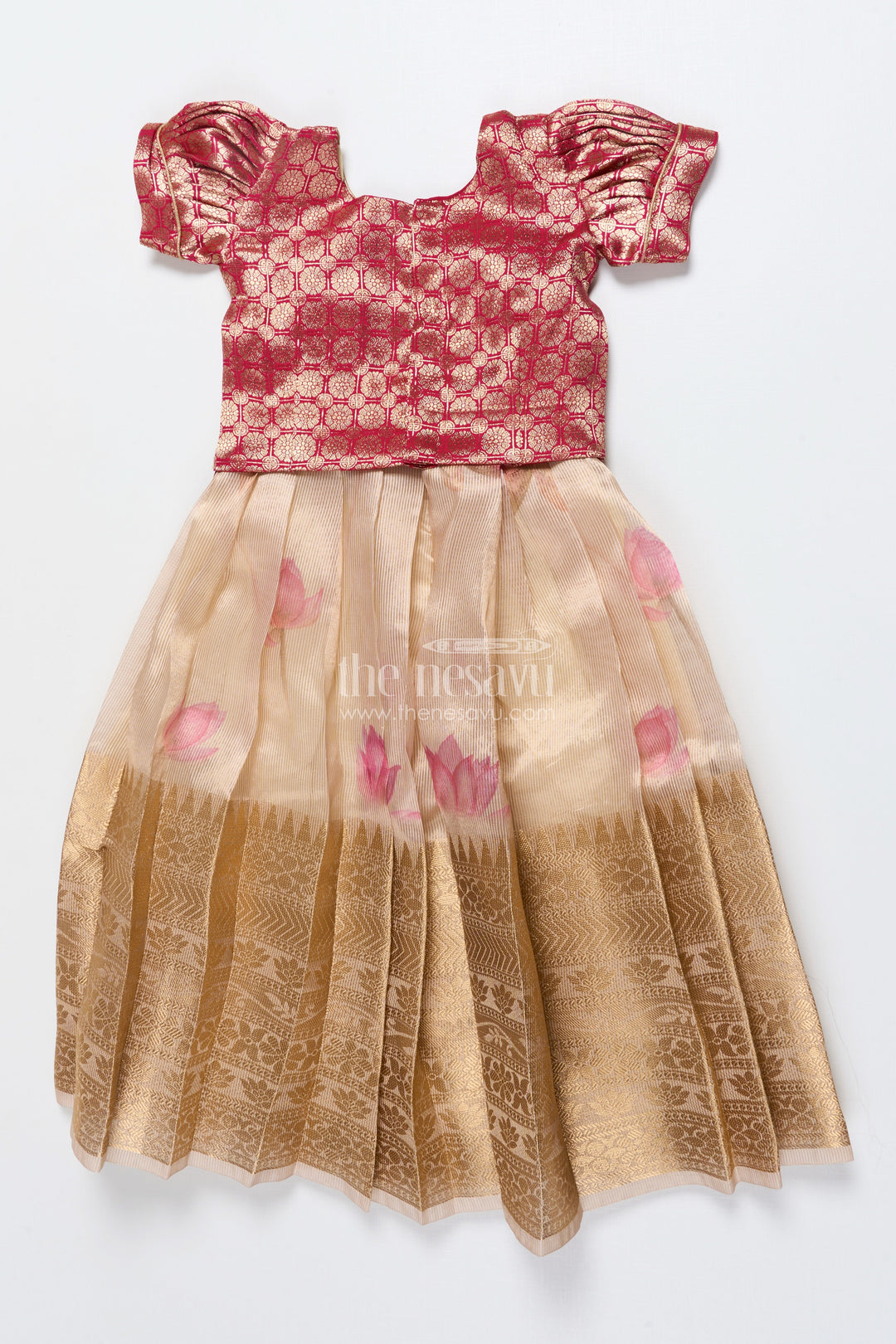 The Nesavu Pattu Pavadai Baby Girl Tissue Silk Pattu Pavadai with Semi Banaras Yoke for Weddings Nesavu Nesavu baby girl red tissue silk pattu pavadai with zari skirt for weddings and festive celebrations