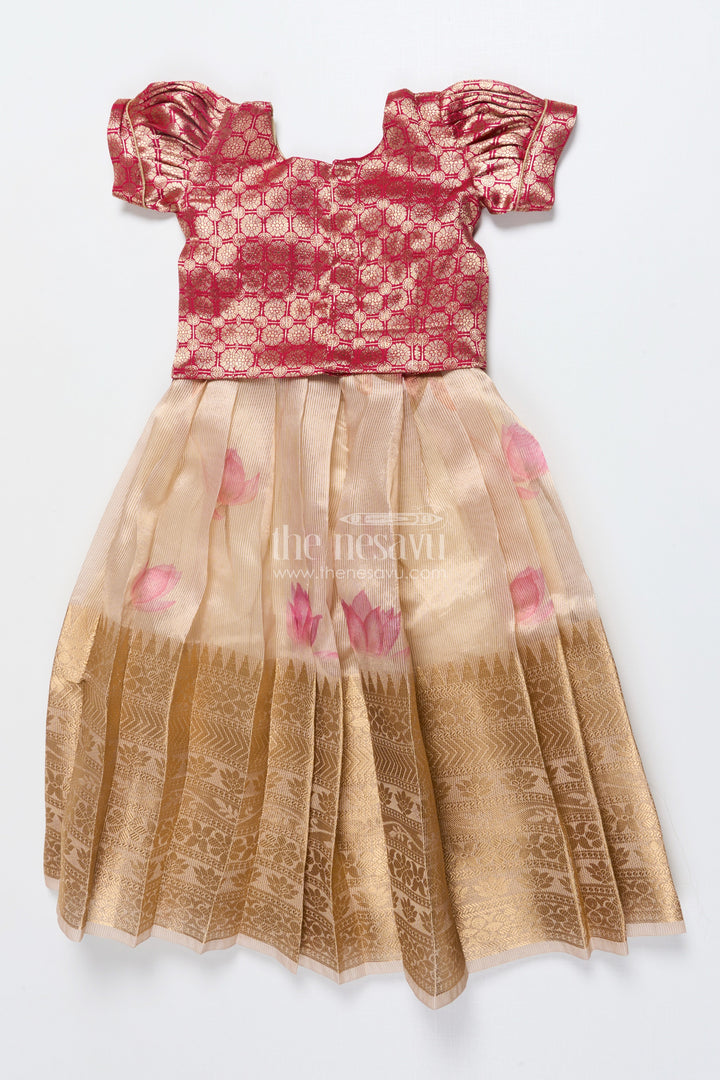 The Nesavu Pattu Pavadai Baby Girl Tissue Silk Pattu Pavadai with Semi Banaras Yoke for Weddings Nesavu Nesavu baby girl red tissue silk pattu pavadai with zari skirt for weddings and festive celebrations