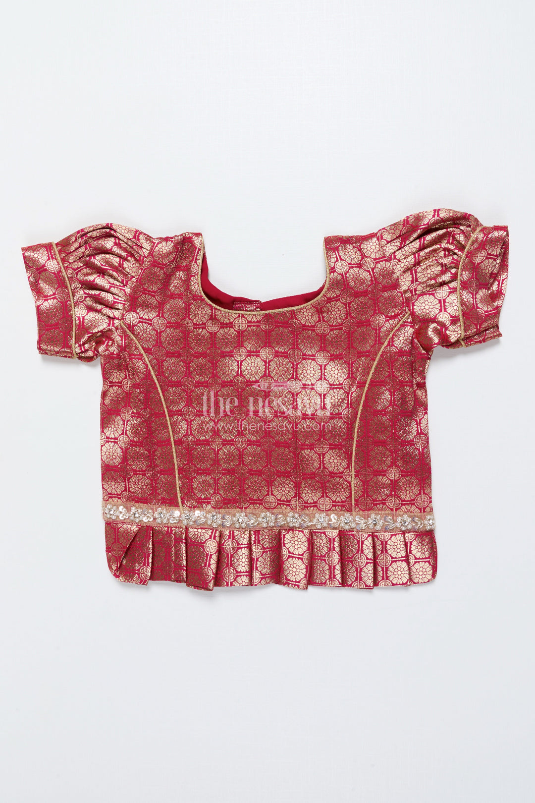 The Nesavu Pattu Pavadai Baby Girl Tissue Silk Pattu Pavadai with Semi Banaras Yoke for Weddings Nesavu Nesavu baby girl red tissue silk pattu pavadai with zari skirt for weddings and festive celebrations