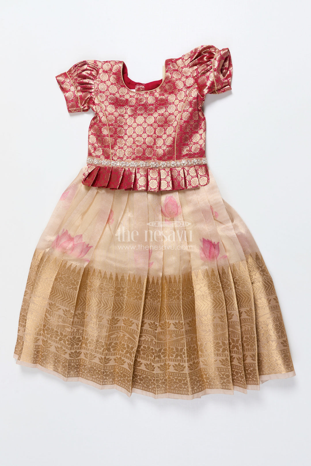 The Nesavu Pattu Pavadai Baby Girl Tissue Silk Pattu Pavadai with Semi Banaras Yoke for Weddings Nesavu Nesavu baby girl red tissue silk pattu pavadai with zari skirt for weddings and festive celebrations