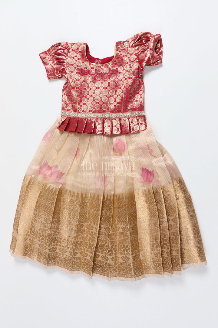 The Nesavu Pattu Pavadai Baby Girl Tissue Silk Pattu Pavadai with Semi Banaras Yoke for Weddings Nesavu Nesavu baby girl red tissue silk pattu pavadai with zari skirt for weddings and festive celebrations