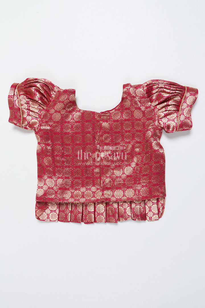 The Nesavu Pattu Pavadai Baby Girl Tissue Silk Pattu Pavadai with Semi Banaras Yoke for Weddings Nesavu Nesavu baby girl red tissue silk pattu pavadai with zari skirt for weddings and festive celebrations