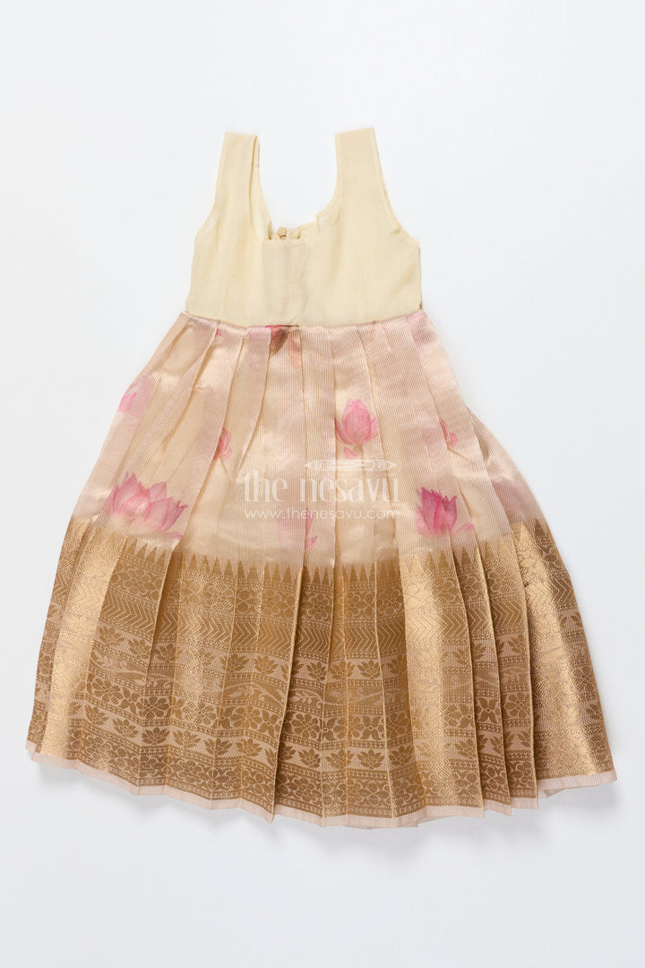 The Nesavu Pattu Pavadai Baby Girl Tissue Silk Pattu Pavadai with Semi Banaras Yoke for Weddings Nesavu Nesavu baby girl red tissue silk pattu pavadai with zari skirt for weddings and festive celebrations