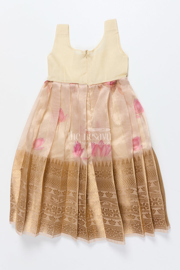 The Nesavu Pattu Pavadai Baby Girl Tissue Silk Pattu Pavadai with Semi Banaras Yoke for Weddings Nesavu Nesavu baby girl red tissue silk pattu pavadai with zari skirt for weddings and festive celebrations