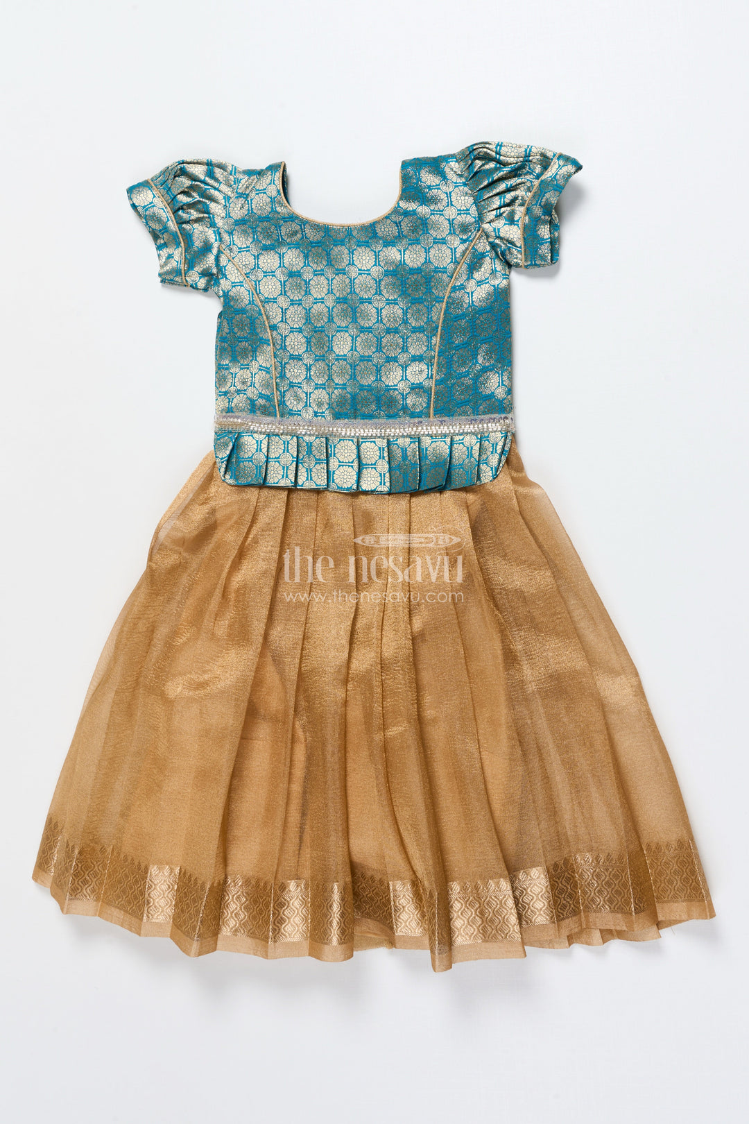 The Nesavu Pattu Pavadai Baby Girl Traditional Pattu Pavadai in Tissue Silk with Zari Finish Nesavu 16 (1Y) / Green GPP348B-16 Nesavu baby girl golden tissue silk pattu pavadai with semi Banaras blouse for festive wear