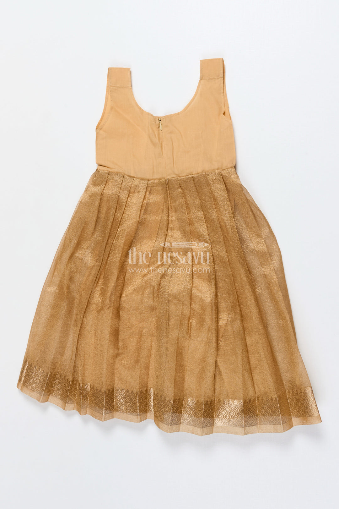 The Nesavu Pattu Pavadai Baby Girl Traditional Pattu Pavadai in Tissue Silk with Zari Finish Nesavu Nesavu baby girl golden tissue silk pattu pavadai with semi Banaras blouse for festive wear