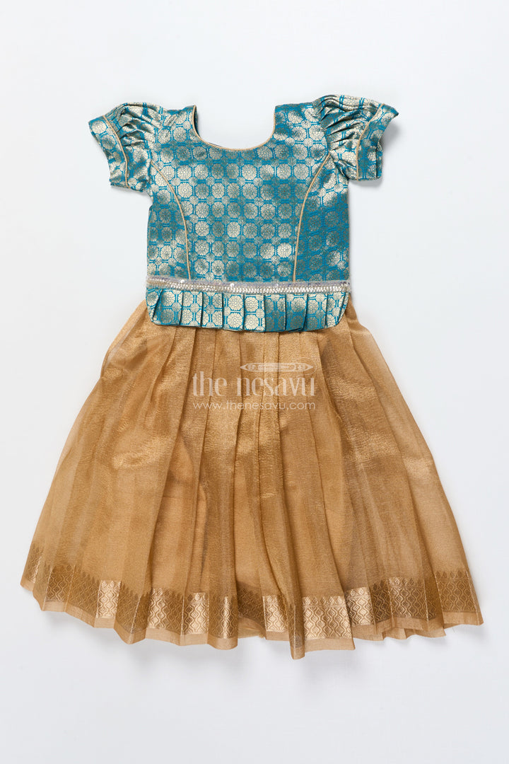 The Nesavu Pattu Pavadai Baby Girl Traditional Pattu Pavadai in Tissue Silk with Zari Finish Nesavu Nesavu baby girl golden tissue silk pattu pavadai with semi Banaras blouse for festive wear