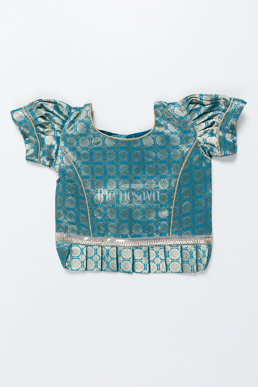 The Nesavu Pattu Pavadai Baby Girl Traditional Pattu Pavadai in Tissue Silk with Zari Finish Nesavu Nesavu baby girl golden tissue silk pattu pavadai with semi Banaras blouse for festive wear