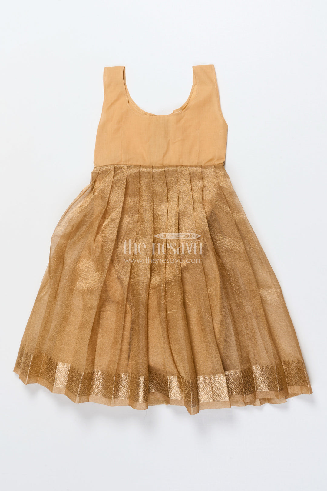 The Nesavu Pattu Pavadai Baby Girl Traditional Pattu Pavadai in Tissue Silk with Zari Finish Nesavu Nesavu baby girl golden tissue silk pattu pavadai with semi Banaras blouse for festive wear