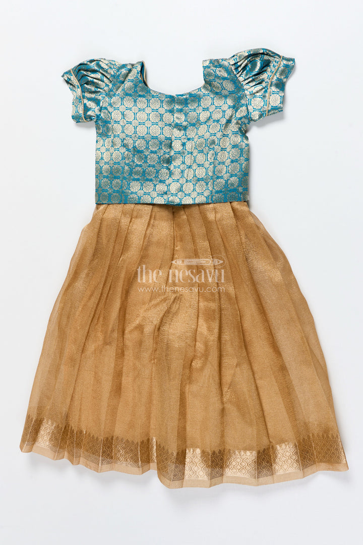 The Nesavu Pattu Pavadai Baby Girl Traditional Pattu Pavadai in Tissue Silk with Zari Finish Nesavu Nesavu baby girl golden tissue silk pattu pavadai with semi Banaras blouse for festive wear