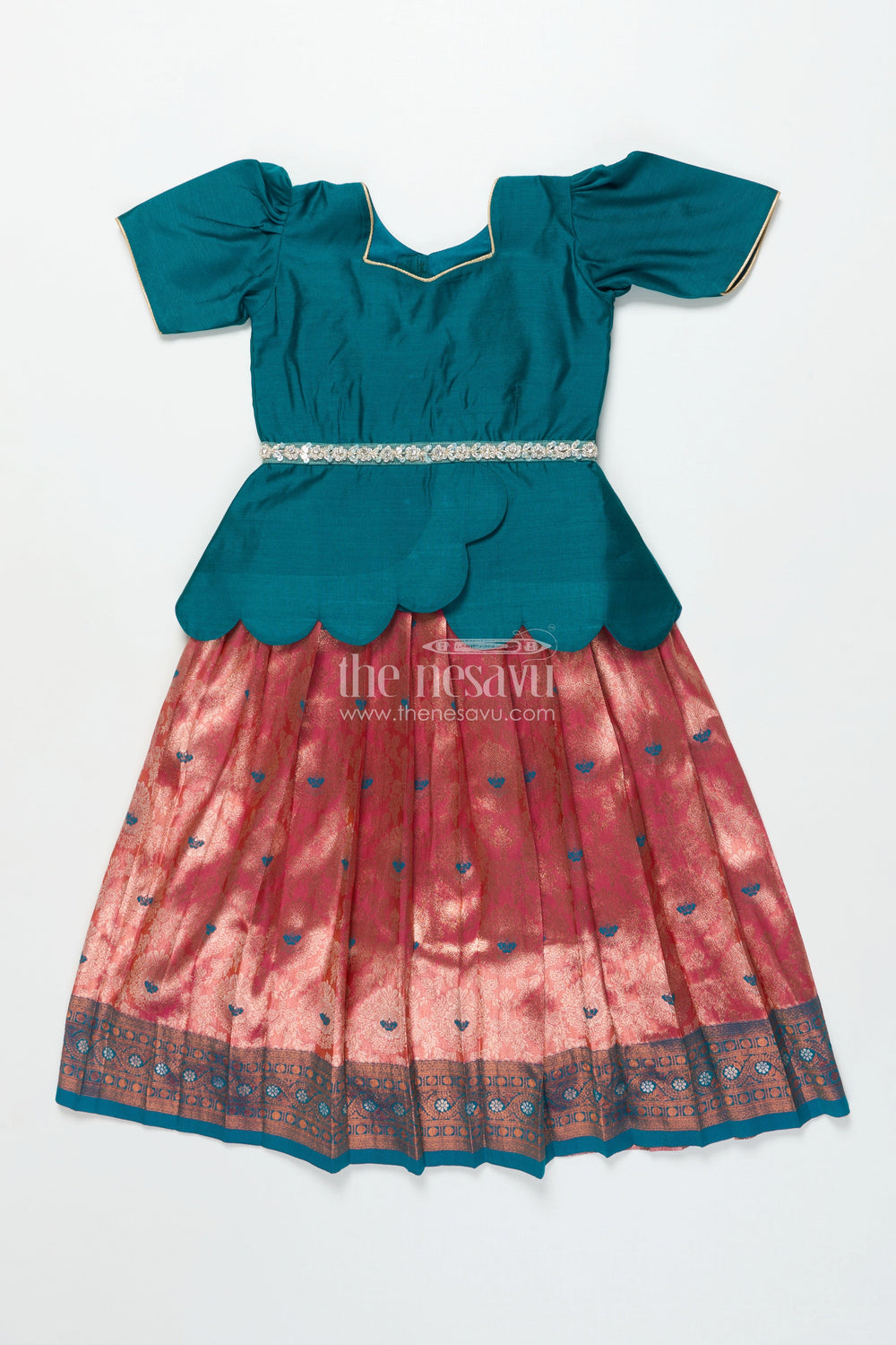 The Nesavu Pattu Pavadai Baby Girl Traditional Pattu Pavadai with Chanderi Yoke for Special Occasions Nesavu 18 (2Y) / Green GPP343B-18 Nesavu baby girl pattu pavadai with chanderi yoke and Banaras skirt for traditional baby functions