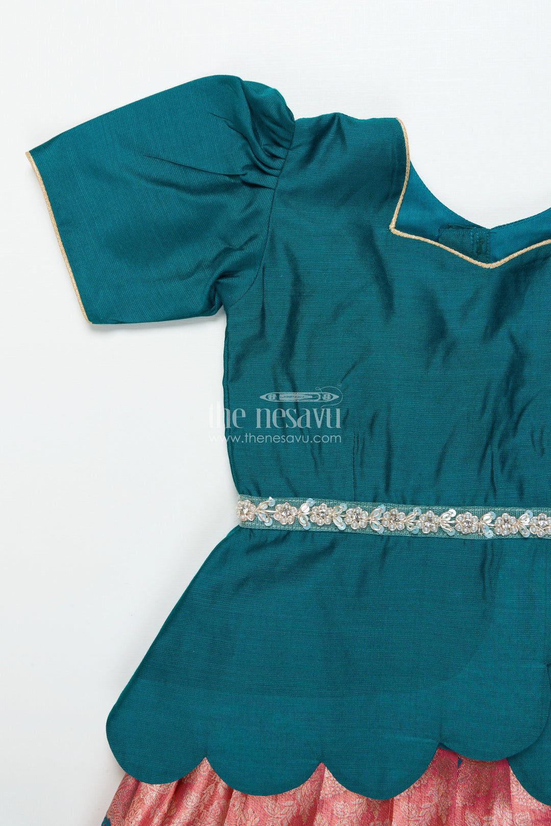 The Nesavu Pattu Pavadai Baby Girl Traditional Pattu Pavadai with Chanderi Yoke for Special Occasions Nesavu Nesavu baby girl pattu pavadai with chanderi yoke and Banaras skirt for traditional baby functions