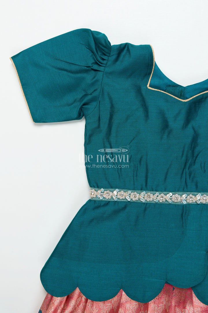 The Nesavu Pattu Pavadai Baby Girl Traditional Pattu Pavadai with Chanderi Yoke for Special Occasions Nesavu Nesavu baby girl pattu pavadai with chanderi yoke and Banaras skirt for traditional baby functions