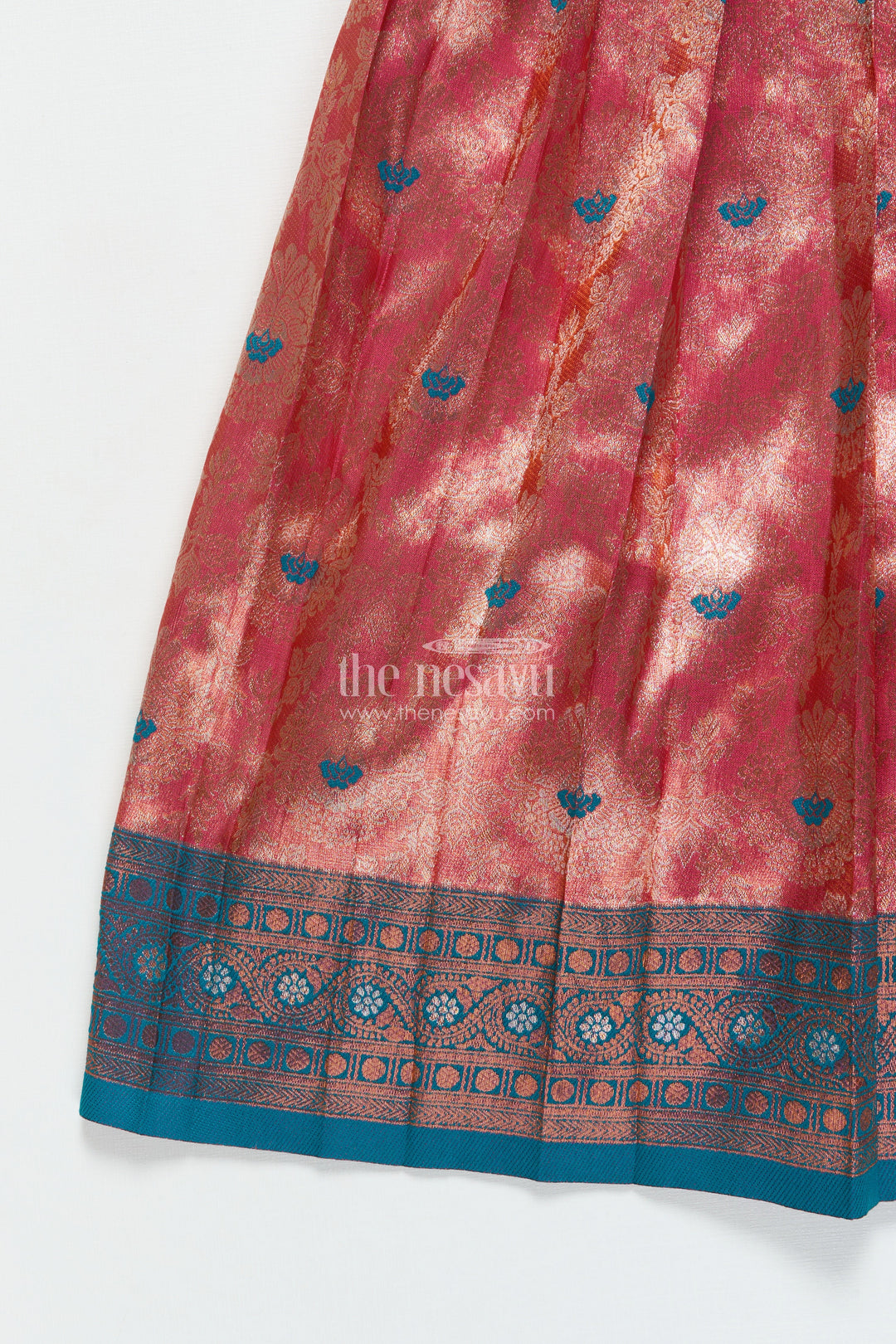 The Nesavu Pattu Pavadai Baby Girl Traditional Pattu Pavadai with Chanderi Yoke for Special Occasions Nesavu Nesavu baby girl pattu pavadai with chanderi yoke and Banaras skirt for traditional baby functions