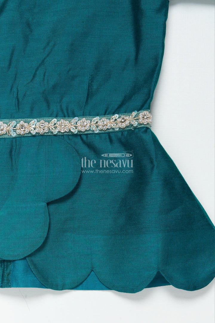 The Nesavu Pattu Pavadai Baby Girl Traditional Pattu Pavadai with Chanderi Yoke for Special Occasions Nesavu Nesavu baby girl pattu pavadai with chanderi yoke and Banaras skirt for traditional baby functions